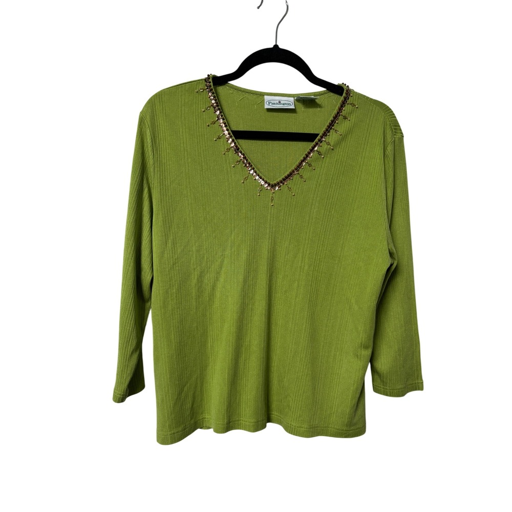 Y2K Patchington Silk Cotton Ribbed Knit Beaded V-Neck Top Lime Green Large